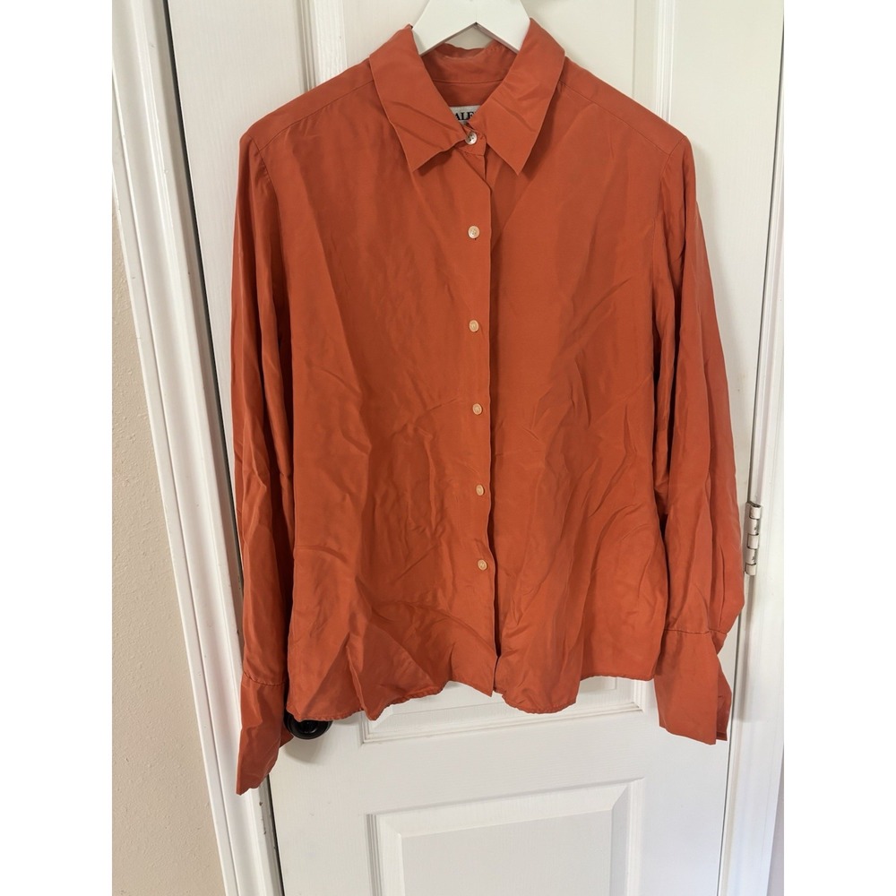 Alfani 100% Silk Orange Women's Long Sleeve Shirt 14 L Corporate Casual Flaw